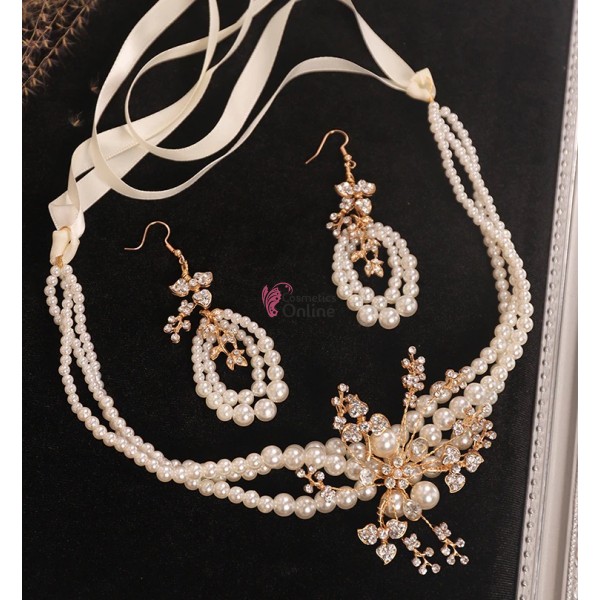 Colier cu cercei AS04DD Auriu cu cristale si perle